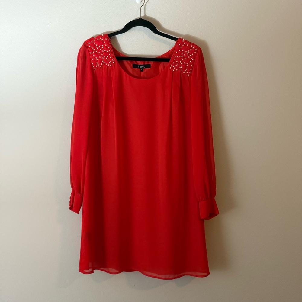 Next Vibrant Red Dress with Pearl Detail Shoulders